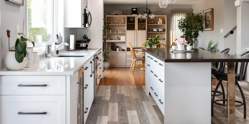 bespoke kitchen white cabinets and black and white counter tops