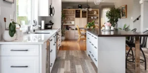 bespoke kitchen white cabinets and black and white counter tops